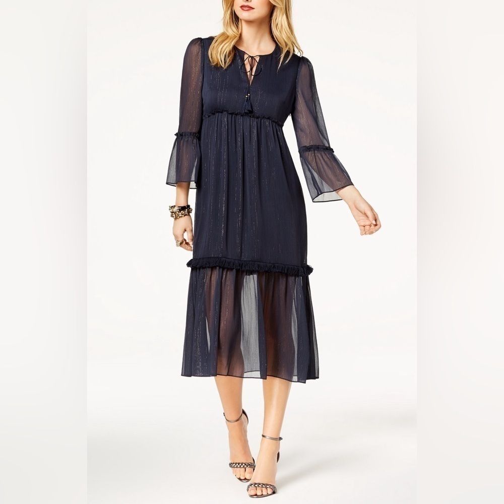 NEW Rachel Zoe Metallic Crinkle Chiffon Fringe Midi Dress in Navy Sz L
